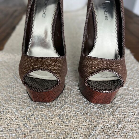 BEBE Brown Peep-Toe Platform Stiletto Heels Size 8 - Picture 8 of 10